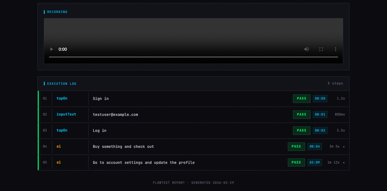 Execution log showing each step with results