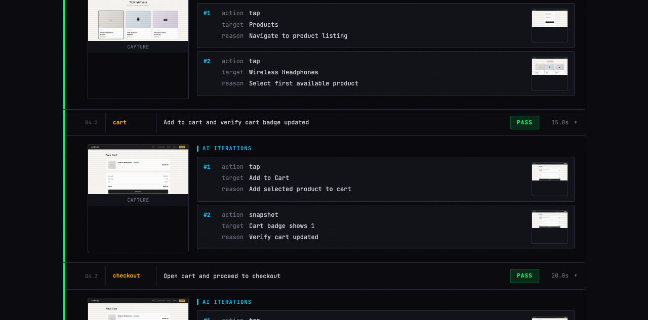 Iteration details with per-action screenshots